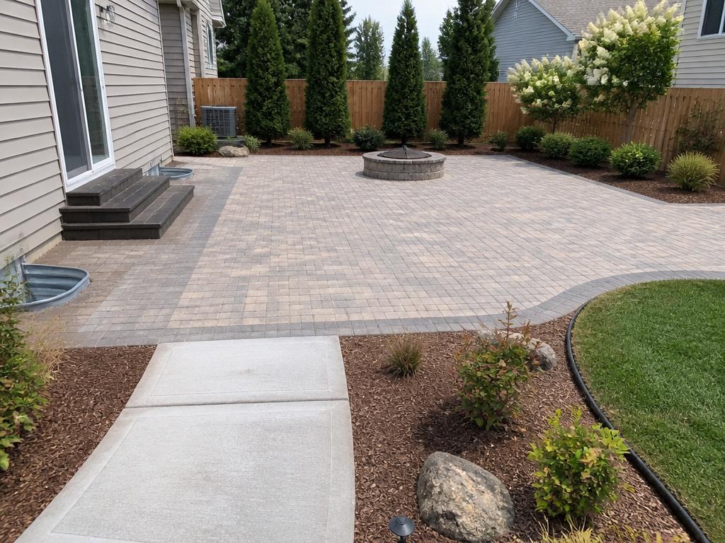 Paver patio and concrete walkway in a backyard