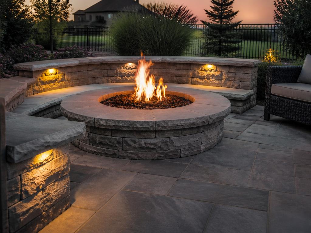 Stone fire pit and seating wall on a patio